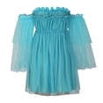 thumbnail image 6 of Ernkv Mini Babydoll Dress for Women Solid Color Ruffle Sleeve Off Shoulder Dress Elegant Puffy Flowy Hem Retro Holiday Beach Trendy Clothing Summer Light Blue M, 6 of 9
