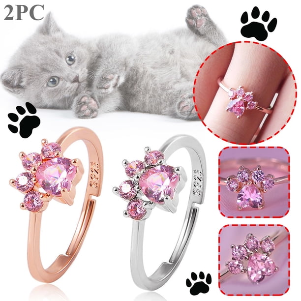 HomeKingdee 2 Pcs Cat Paw Ring with Cubic Zirconia - Adjustable Size Animal Theme Jewelry for Women Girls