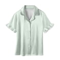 thumbnail image 6 of Xdegoge 3 Piece Pajama Set for Women Silky Button Down Outfit Short Sleeve Ruffle Trim Satin Pajamas Sets Notched Collar Open Front Top, Shorts and Long Pants Comfy Homewear, 6 of 9