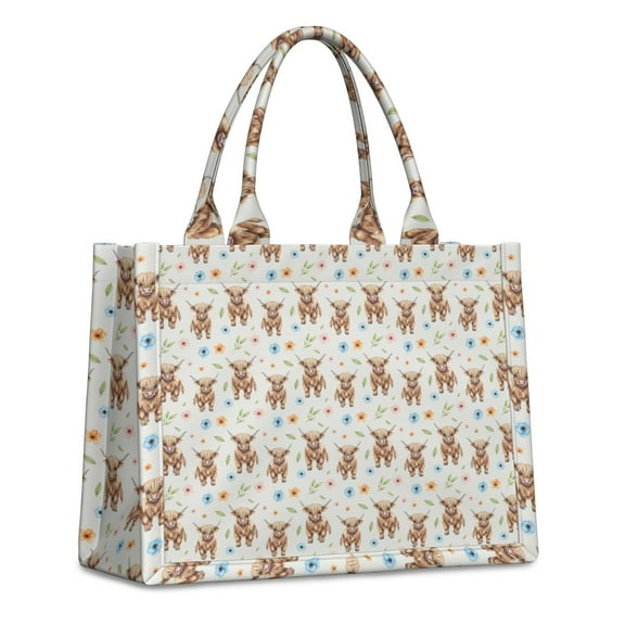 Large Capacity Tote Bag,Beige Highland Cow Flower Pattern Handbag Fashion Luxury Tote Bag,15.7"x13"x 5.1" Inches,Laptop Compatible