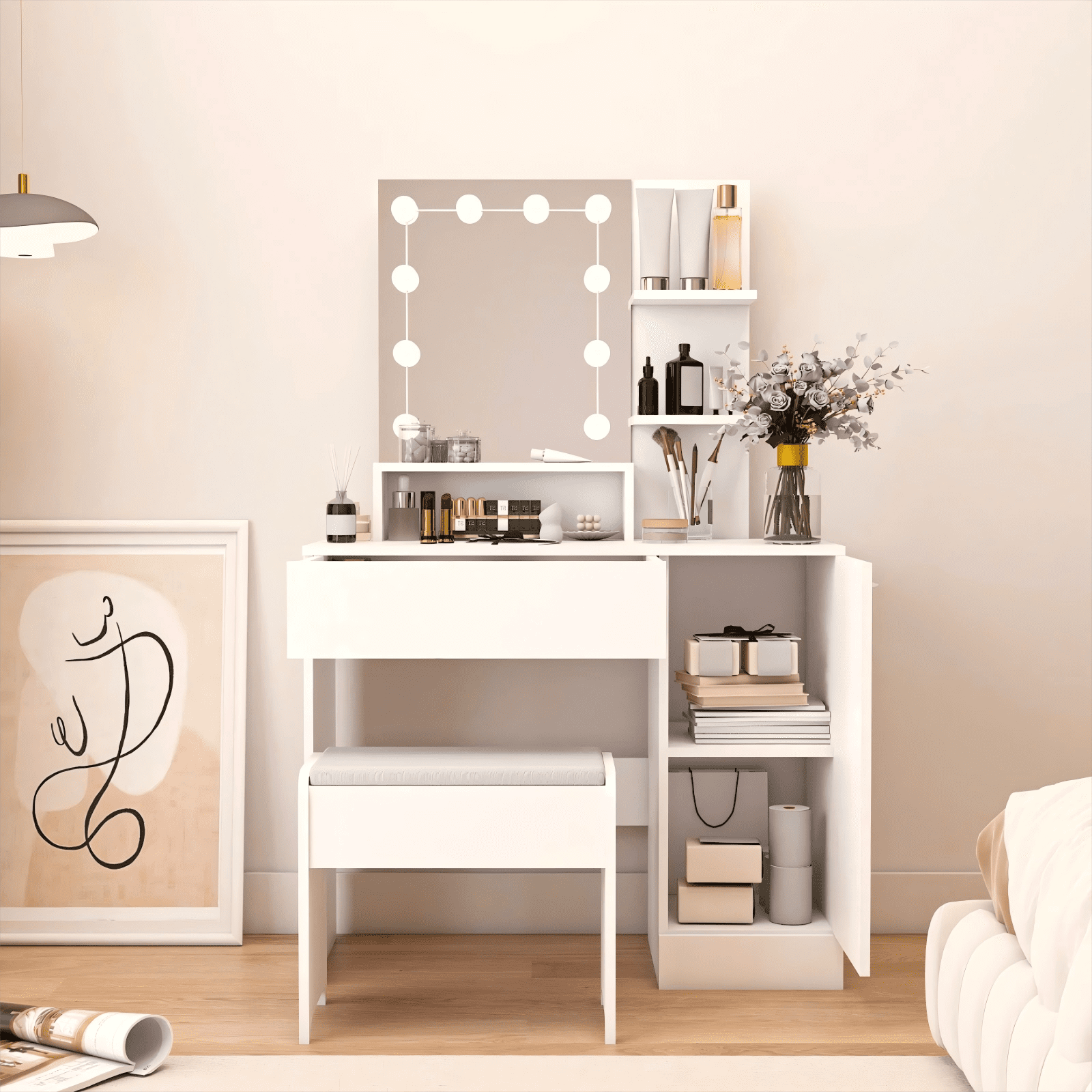 White Vanity Desk with Mirror & Lights,Makeup Vanity Table with Drawers & Storage Shelves for Bedroom