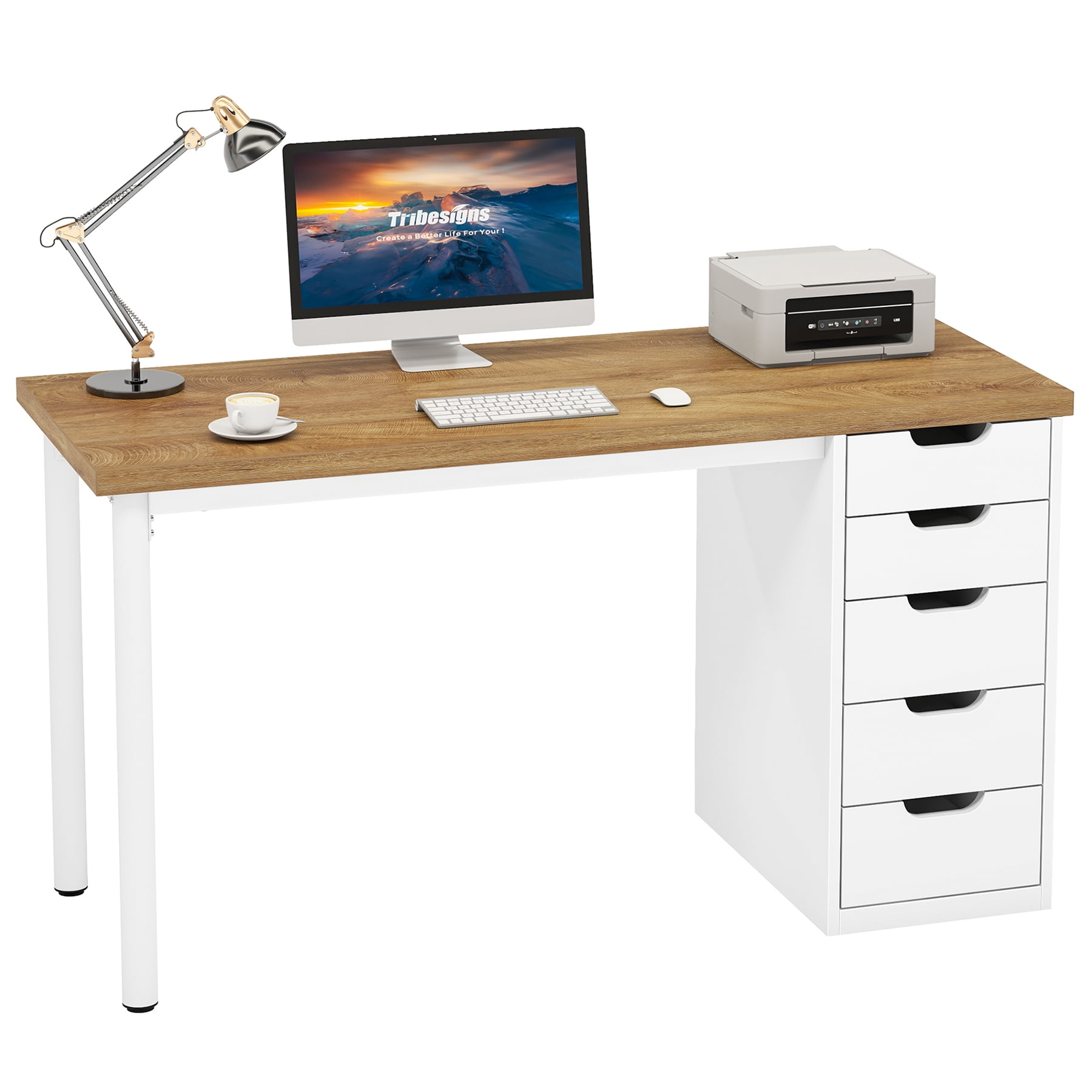 Fnova 47.24" Computer Desk with 5 Drawers, Reversible File Cabinet, Writing Workstation for Home Office Bedroom Study Makeup Vanity Desk Furniture