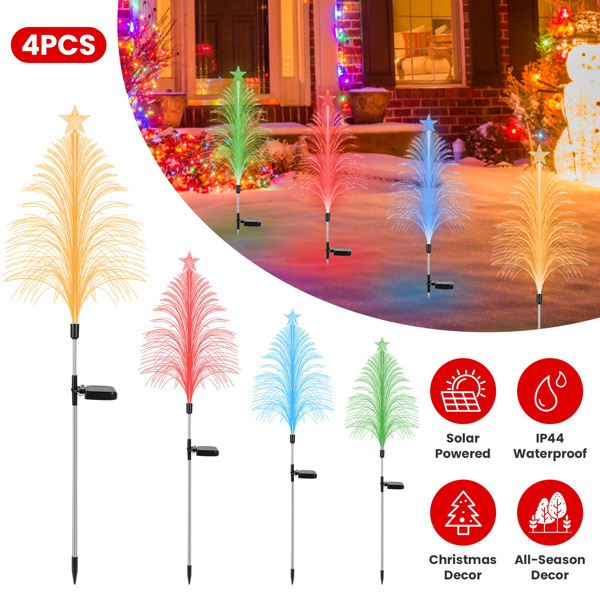 4-Pack Solar Christmas Tree Lights, 7-Color Gradient, IP44 Waterproof Stainless Steel, 8-10H Runtime, Year-Round for Garden/Patio/Lawn