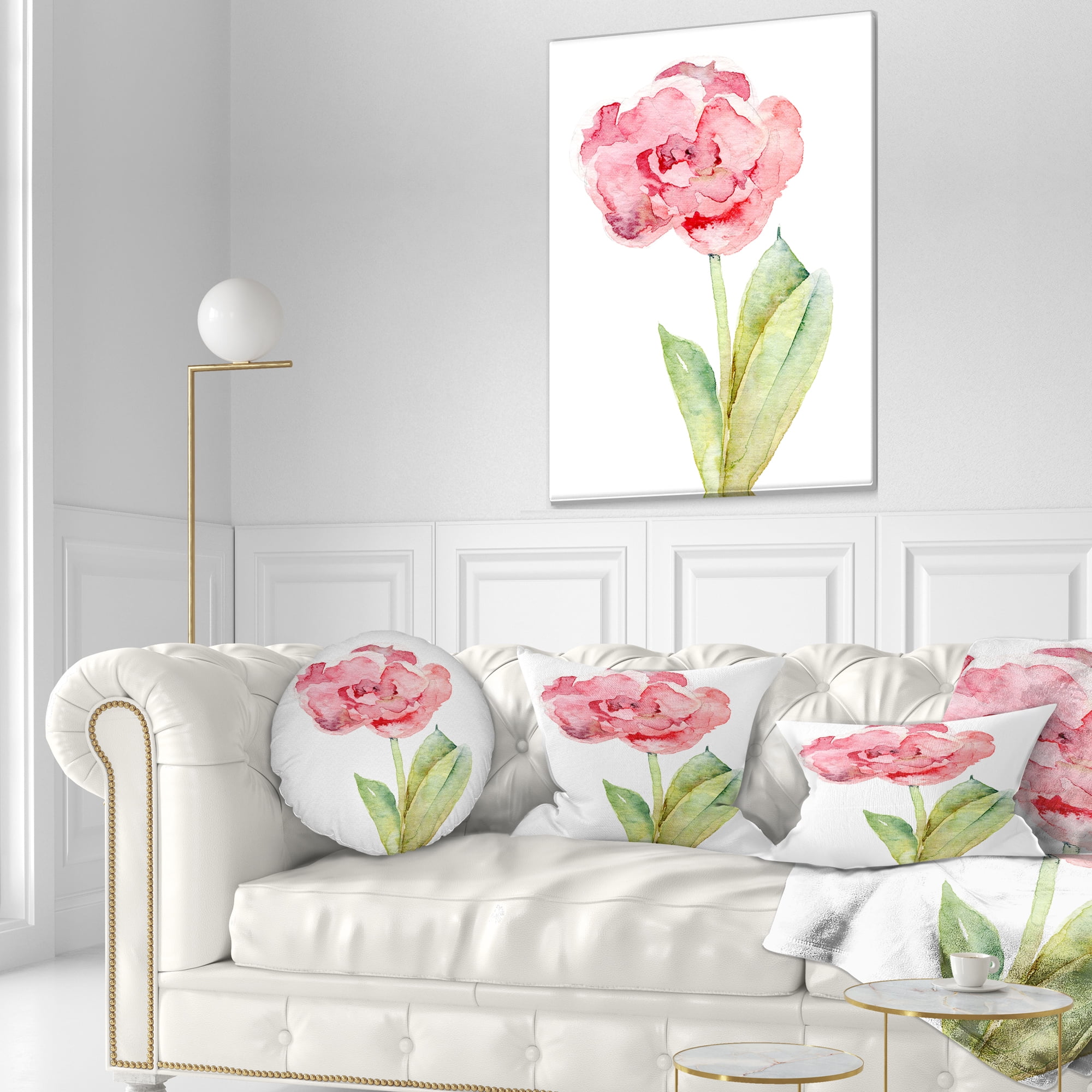 Designart Single Pink Tulip on White Background - Flower Throw Pillow - 12x20