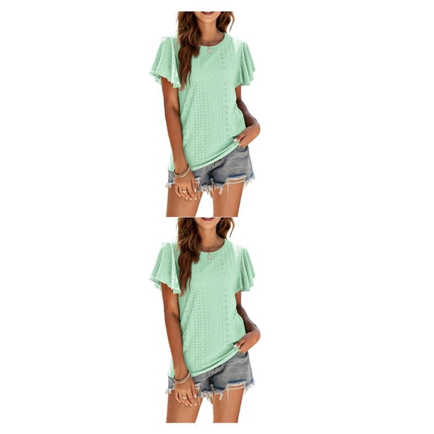Qarigey Camiseta de mujer con volantes de Color sólido cuello estética linda blusa suelta fiesta noche Club verano Top niñas ropa Verde claro XXL 2piezas