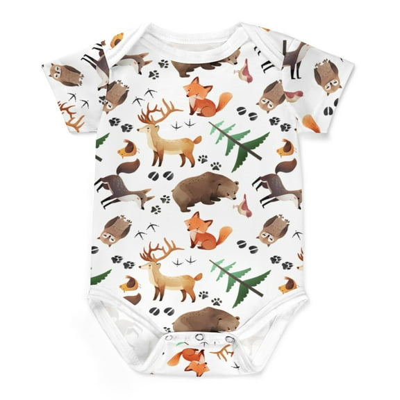 Woodland Animals Baby Bodysuits Bear Fox Deer Owl Wolf Bird Trees Short Sleeve One-pieces Romper for Boy Girl Cotton Bodysuit