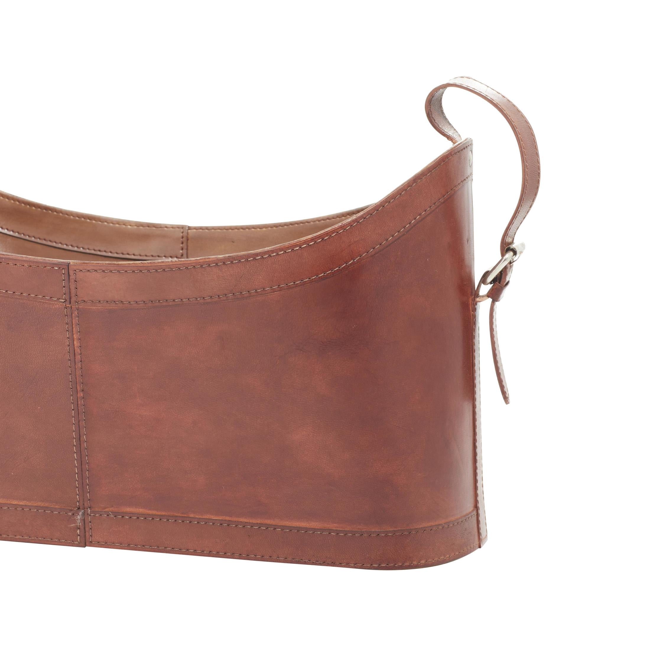DecMode 12" Brown Leather Handmade Curved Box Style Single Slot Magazine Holder with Buckle Handles