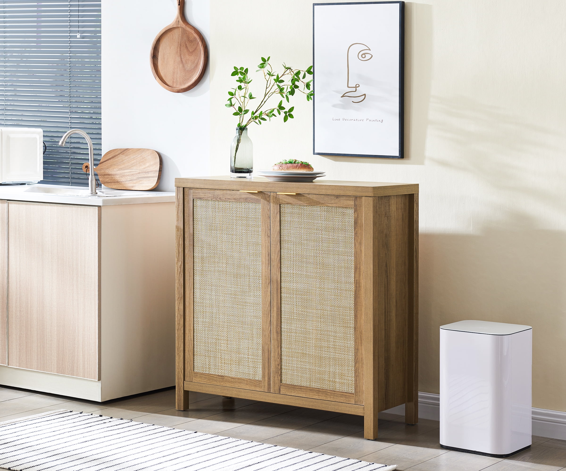 Boowill Sideboard Buffet Kitchen Storage with Rattan