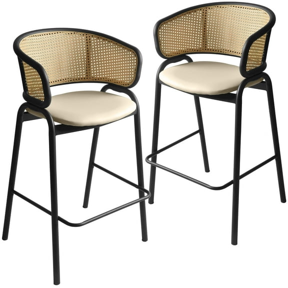 LeisureMod Bar Stool Upholstered in Leather with Powder-Coated Stainless Steel Black Base and Curved Wicker Back Design for Modern Home, Dining Room, Kitchen Ervilla Collection in Biege