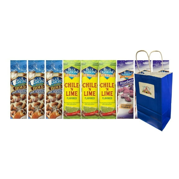 Variety Pack Blue Diamond Almonds 3 Each 3 Flavor, 9 Count, Salt 'n Vinegar, Chile 'n Lime, Blueberry, 1.5 oz Snacks with Blue Gift Bag, Bold Flavored Almonds On-the-Go Healthy Protein