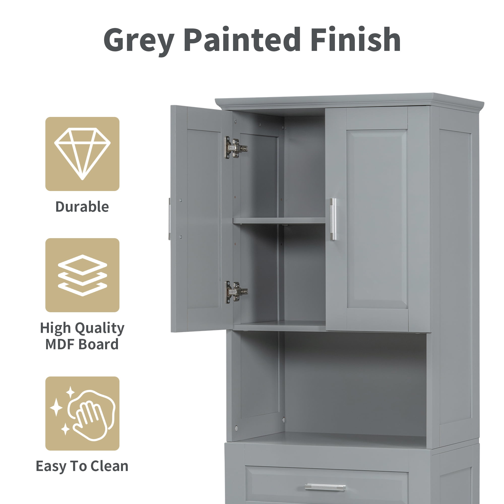 Leumius 70" Tall Bathroom Storage Cabinet with Drawer & Laundry Basket，Modern Freestanding Tilt-Out Laundry Hamper and Upper Storage Cabinet,Grey