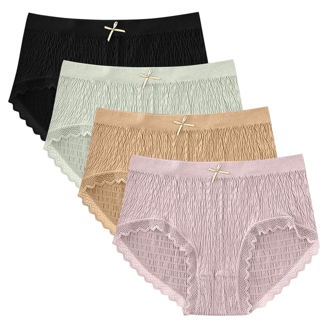 GigrtiJin Womens Mid Rise Ribbed Underwear Multipack Seamless Lace Panties With Bow Ribbon Breathable Underpants 4 Pack