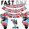 HEETON Fast One Birthday Banner and Cake Topper Race Car Racing First Boy Girl Chequered Flag Birthday Balloons Party Supplies Decorations