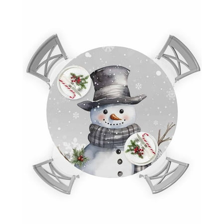 

Round Tablecloth with Elastic Merry Christmas Grey Snowman and Whinter Snowflake Waterproof Table Cover Wipeable Fitted Table Cloths for 45 -54 Round Tables Dining Kitchen Indoor Outdoor Use