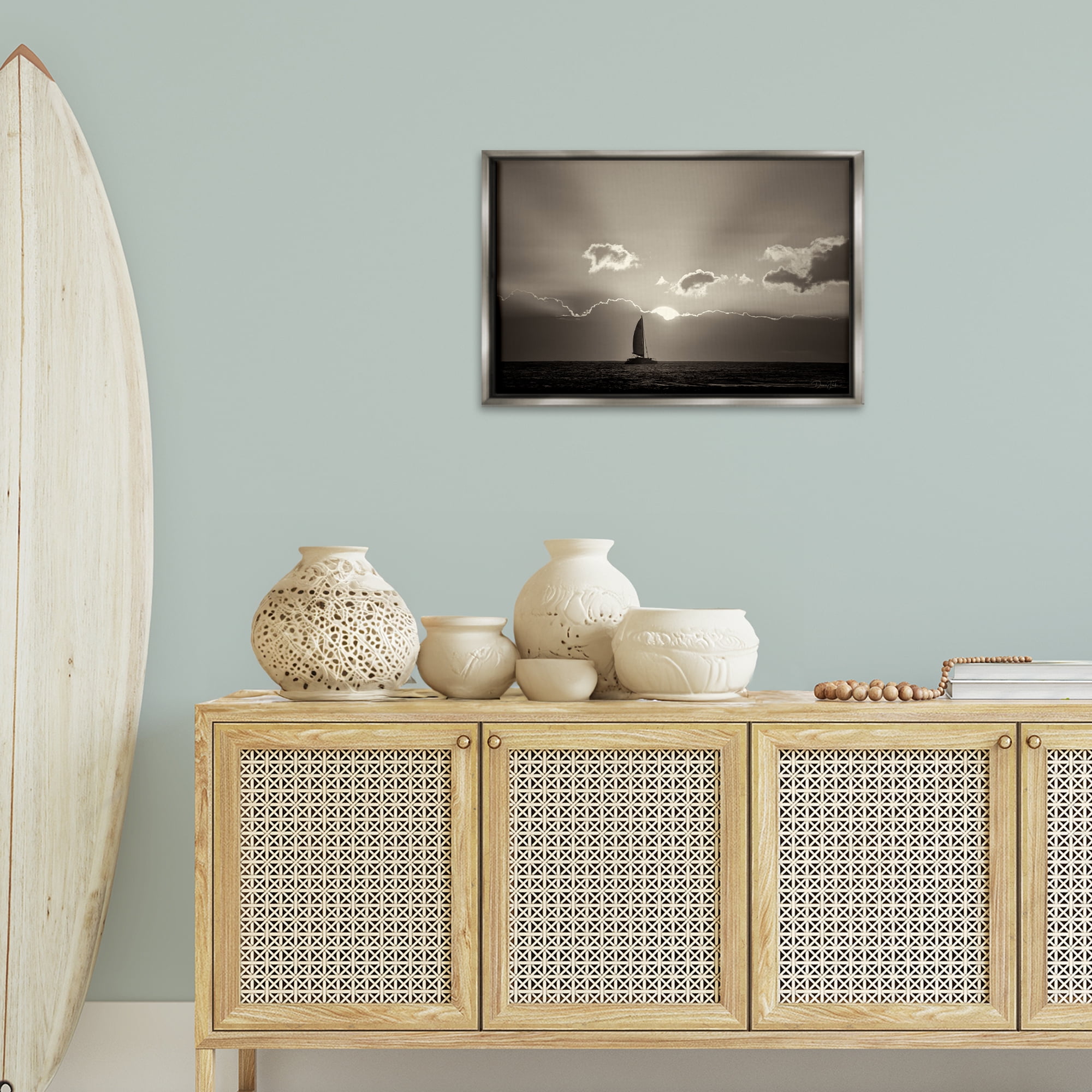Stupell Industries Sun Peeking Over Boat Landscape & Nature Photography Gray Floater Framed Canvas Art Print Wall Art, 25 x 17