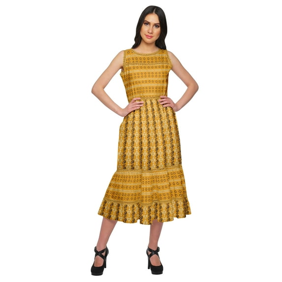 Moomaya Printed Cotton Long Dress For Womens Sleeveless Tiered Casual Summer Tunic