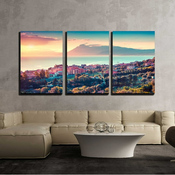 wall26 - 3 Piece Canvas Wall Art - Colorful Spring Sunset in The Solanto Village, Mediterranean Sea - Modern Home Art Stretched and Framed Ready to Hang - 24"x36"x3 Panels
