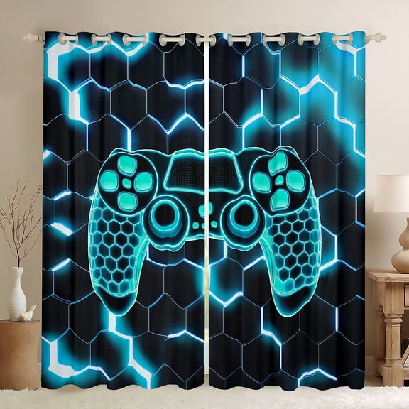 Manfei Multicolor Cartoon Console Curtains Pack of 2 (42x84 Each),Gamer Gaming Curtains Blackout,Blue Honeycomb Hexagon Bedroom Curtains For Adults,Luxury Bedroom Decor