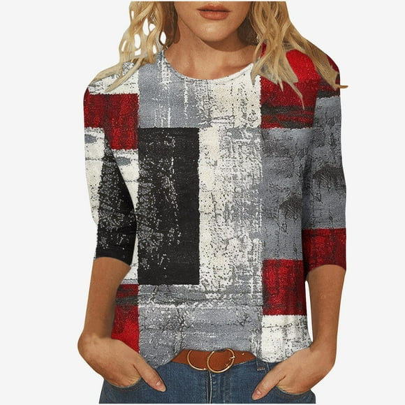 cadancy Mes Commandes Passées Hauts pour Femmes Grande Taille Manches 3/4 Chemise à Blocs de Couleur Tenue de Cinco de Mayo Hauts pour Femmes Décontractés Liquidation Vêtements d'Été pour Femmes 2024 Chemises pour Femme Décontractées et Élégantes
