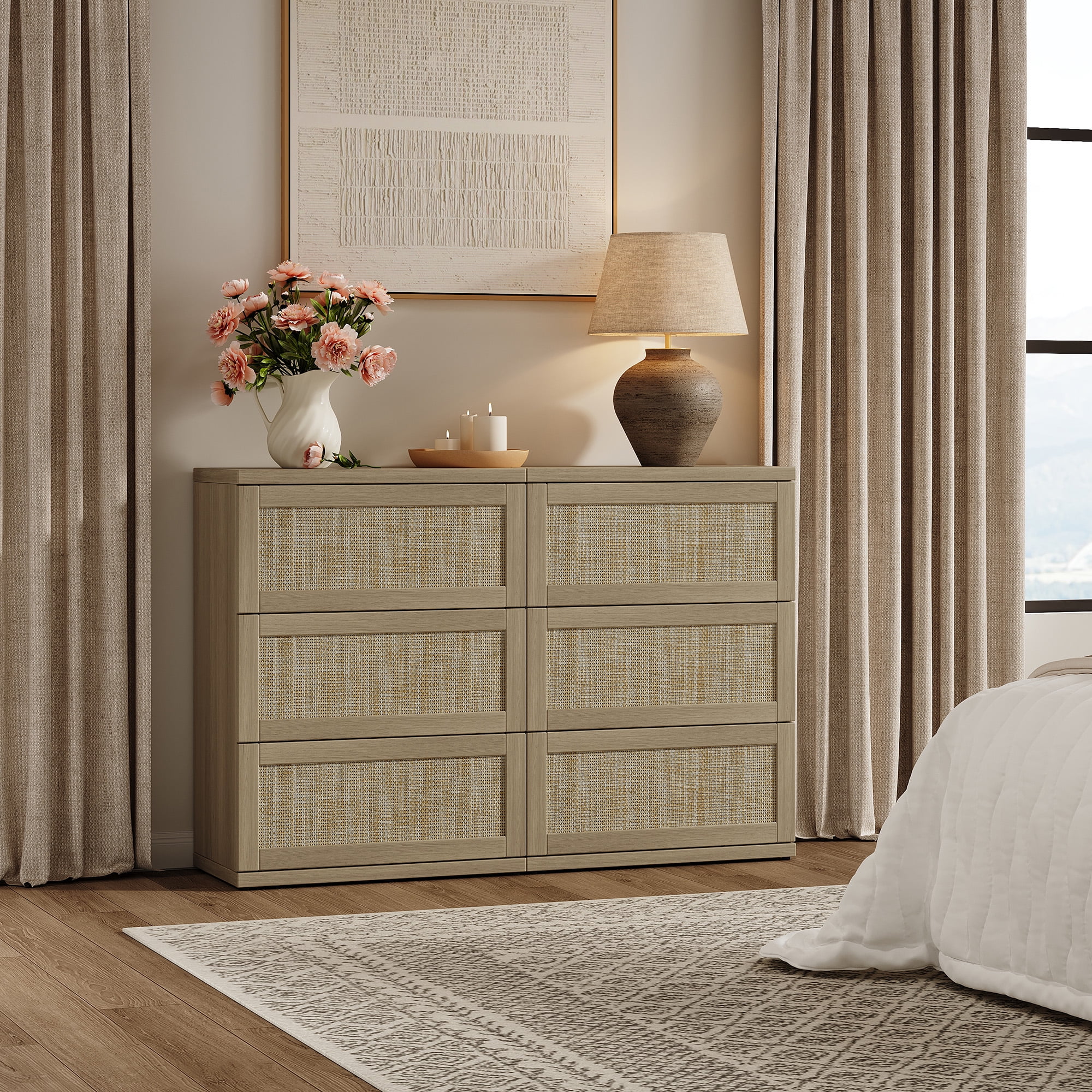 SICOTAS Small 3-Drawer Dresser Nightstand Set of 2, 50.7"W Boho 6 Drawer Dresser with Slide Rails, Rattan Chest of Drawers, Modular Storage Cabinet for Bedroom & Living Room, Natural Oak