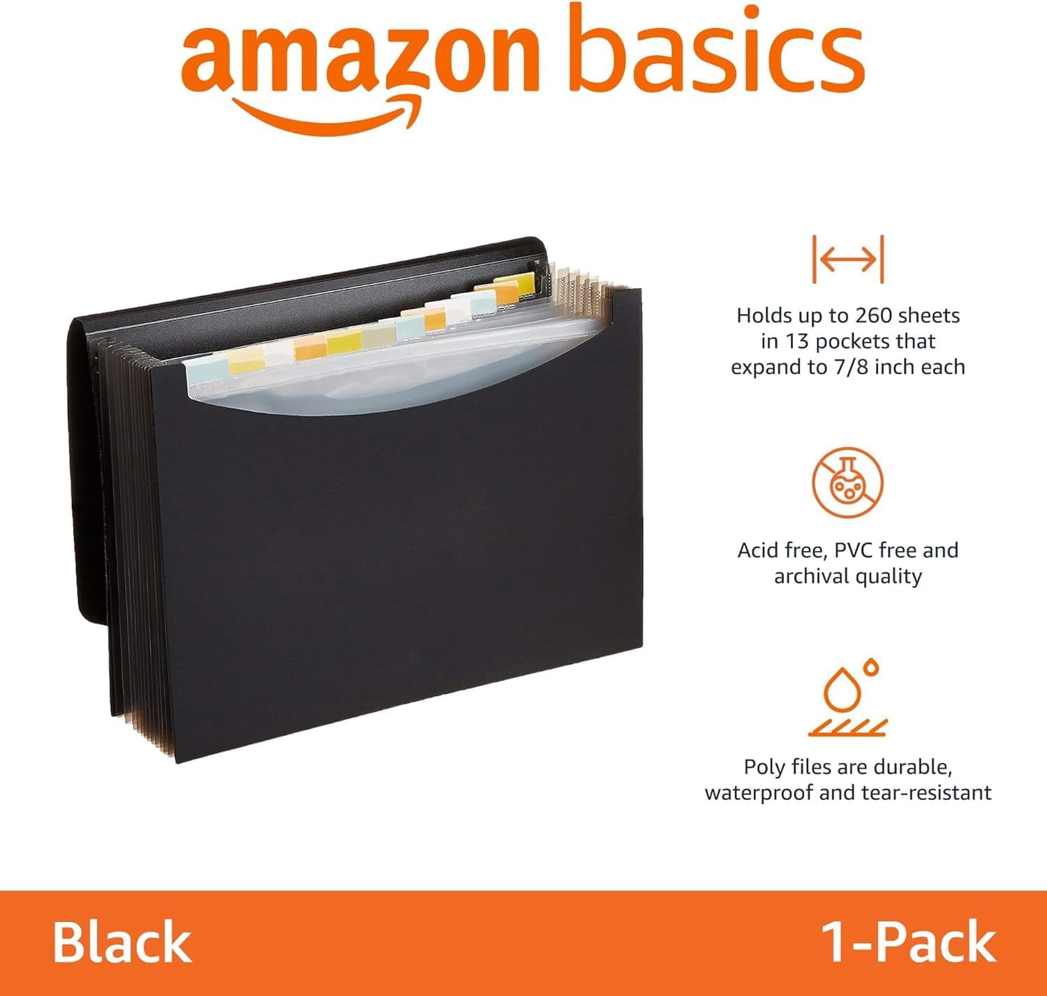 Expanding Accordion File Organizer, Letter Size, 13 Compartments, Large Capacity Document Storage, Waterproof, Black, 1-Pack