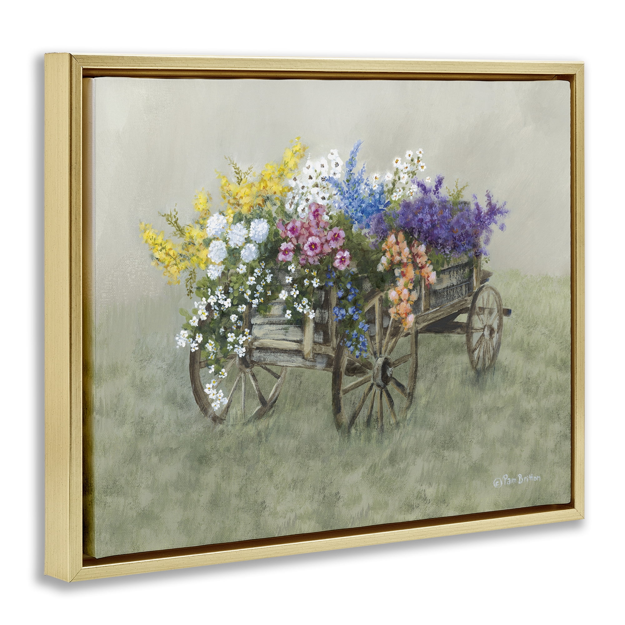 Stupell Industries Floral Filled Wagon Botanical & Floral Painting Gold Floater Framed Canvas Art Print Wall Art, 21 x 17