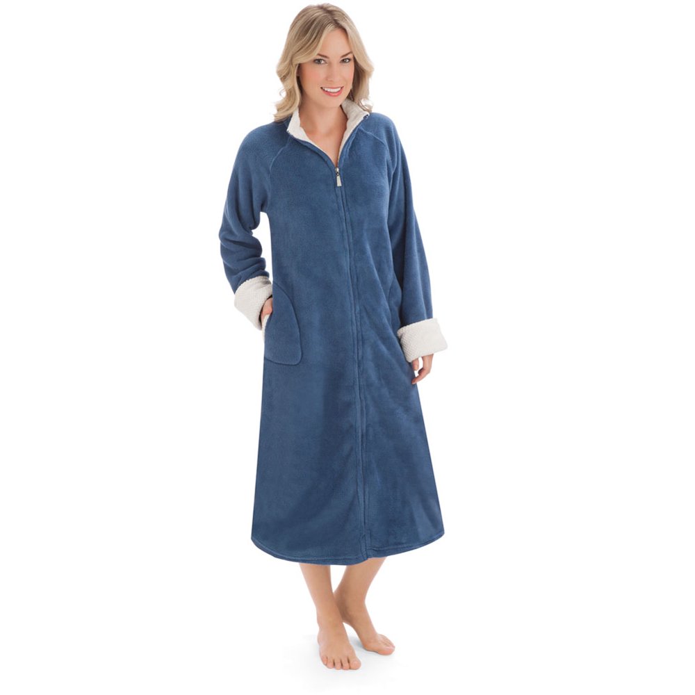 Collections Etc. Plush Front Zip FullLength Knit Robe with Faux Fur
