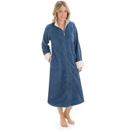 

Collections Etc Women s Plush Front Zip Full-Length Knit Robe with Faux Fur Lining and Side Pockets Navy Large