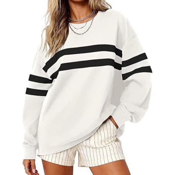 Womens Striped Oversized Sweatshirt Fall Pullover Crewneck Color Block Sweatshirts Loose Long Sleeve Tunic Casual Trendy Fall Outfits S