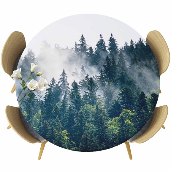 Green Forest Fitted Tablecloth with Elastic Edged, Round Table Cloth for Dining Table, Natural Landscape Modern Abstract Art Waterproof Oil Proof Table Cover for Indoor Outdoor 55"-60"