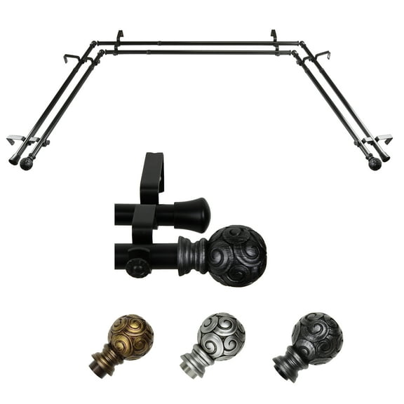 Sonja 13/16" Double Bay Window curtain rod Adjustable 20"-36", 38"-72" - Black,(ABay-17-2D)