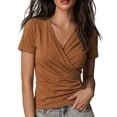 thumbnail image 2 of Women's V Neck Ruched Elegant Solid Color Waist Slimming Short Sleeve T Shirt,Summer Casual Tops for Daily Wear,Vacation,Dating,Lightweight Breathable Tee Blouse Brown L, 2 of 6