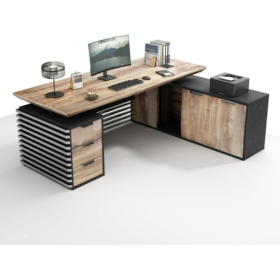 78.74" L Shaped Adjustable Height Executive Desk with Cabinet Drawers