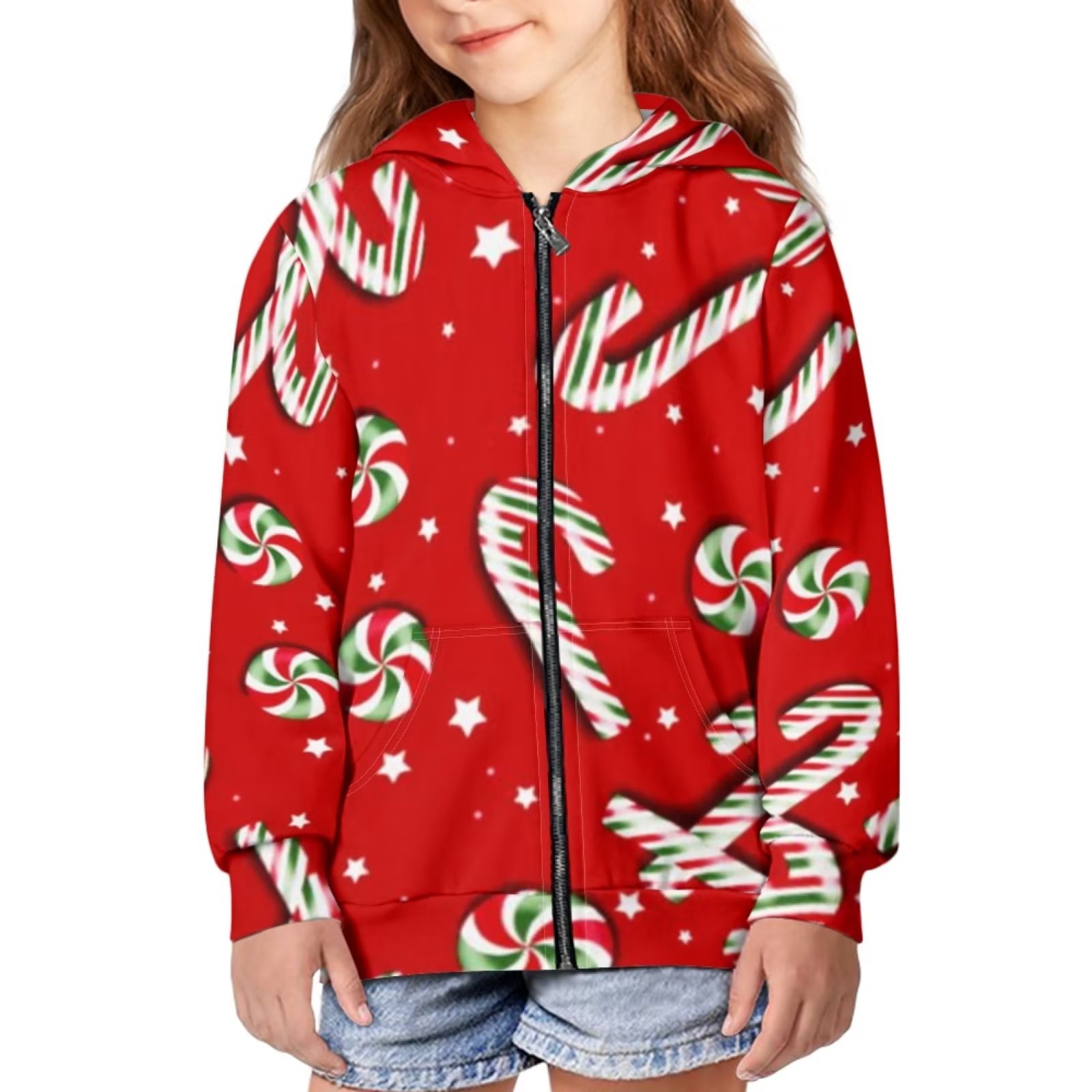 FKELYI Christmas Zipper Hoodie Kids Size 1416 Years Casual Candy Cane
