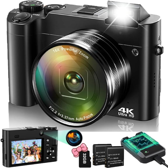 ACTITOP Digital Camera 4K Ultra HD 64MP Vlog Dual Camera for Youtube with 32GB Card 16x Zoom Autofocus Video for Photography