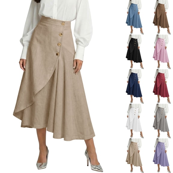 QATAINLAV Woman Elegant High Waisted Linen Midi Skirt Lightweight Summer Swing A-Line Wrap Business Casual Skirts Coffee XXL