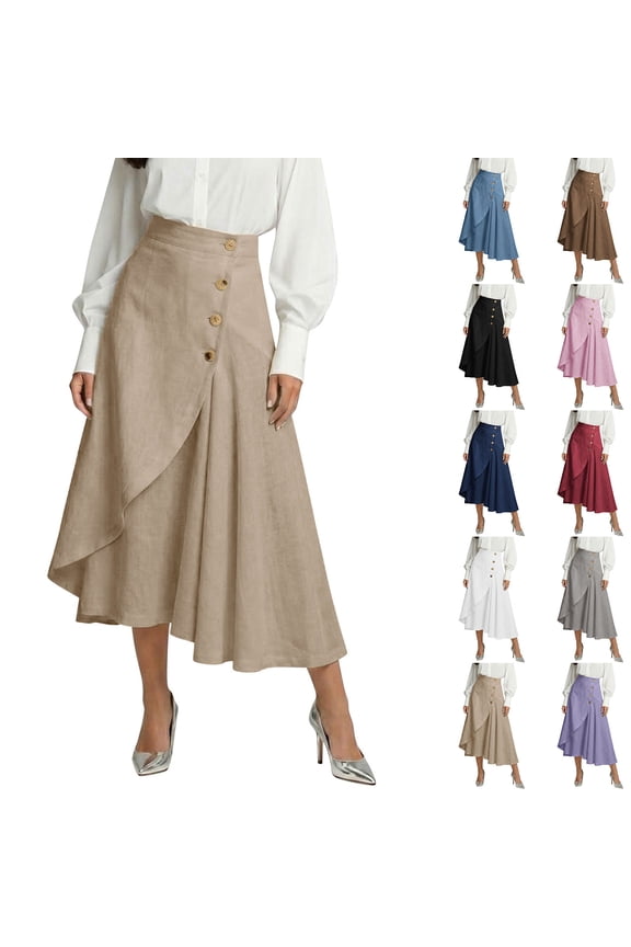 Linen Skirts for Women Elegant Trendy Wrap Skirt Flowy Plus Size Midi Skirt Casual Elastic High Waisted Summer Skirts Blue 2XL