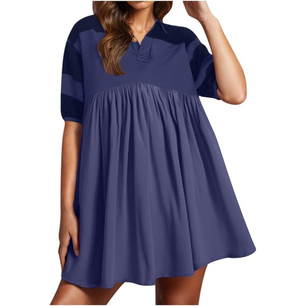 WILLBEST Vestido De Verano Para Mujer, Vestido De Verano Para Mujer, Vestido Informal De Gran Tamaño De Manga Corta Con Bloques De Color Y Cuello En V, Vestido Mini Camisero Fluido