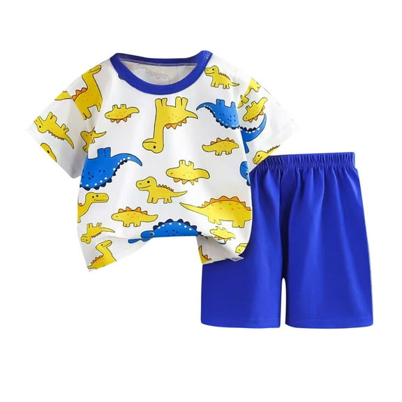 THDHVS Baby Outfits,Toddler Outfits for Boys,Toddler Boy Summer Outfits Short Sleeve Dinosaur Print Patchwork Top T-shirt with Pocket Pant Set Blue 4-5 Years
