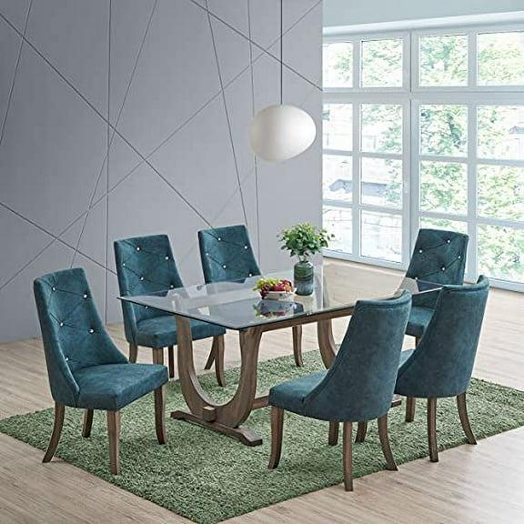 Kings Brand Furniture - Elmer 7 Piece Glass Top Dining Set, Table & 6 Chairs, Gray/Blue