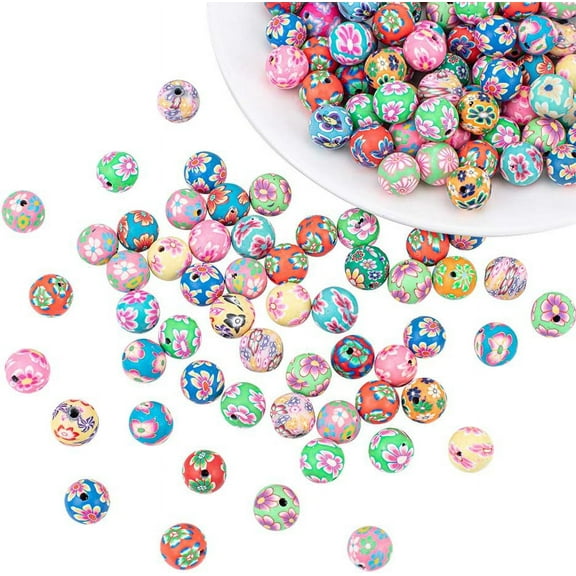 200pcs Assorted Color Handmade Polymer Clay Round Beads Flower Pattern Spacer Loose Beads Colorful 12mm Ball Charms for Earring Bracelet Necklace Jewelry Making