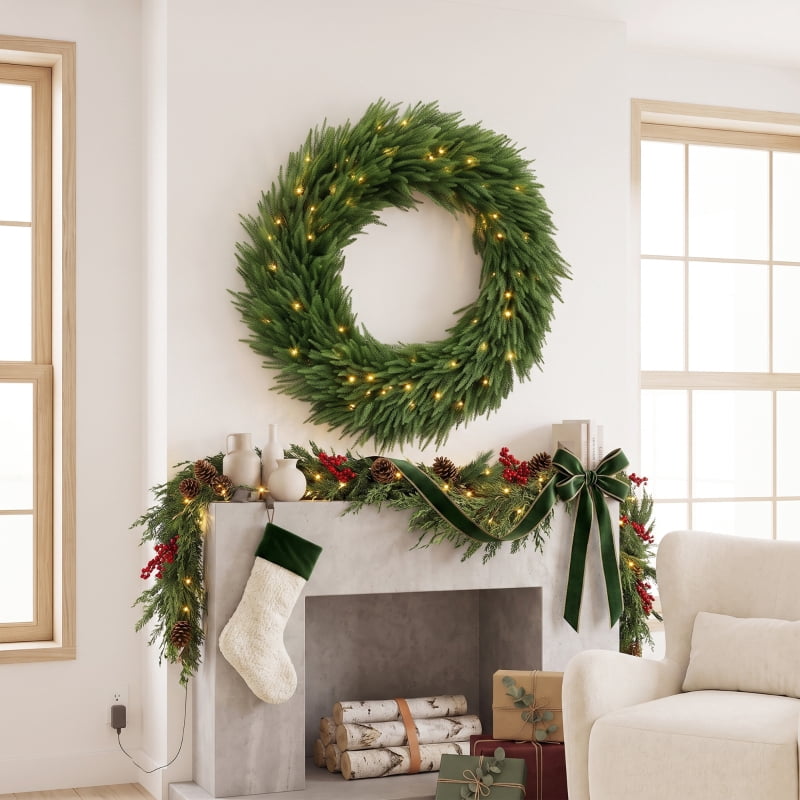 Alvantor Christmas Wreath Pre-Lit Norfolk Pine with 100 LED Lights 48"x48"x7.9" Green
