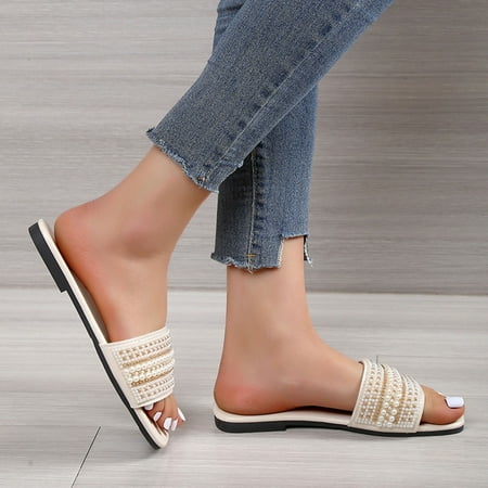 

AXXD Beige Wedge Sandals for Women 6.5 Summer Slide Ladies Outdoor Pearl Chain Soft Sole