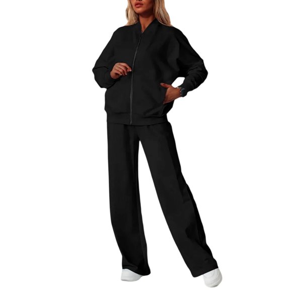 Rexolia Women’s Full Zip Relaxed Top & Wide Leg Pants Solid 2-Piece Active Set Black L