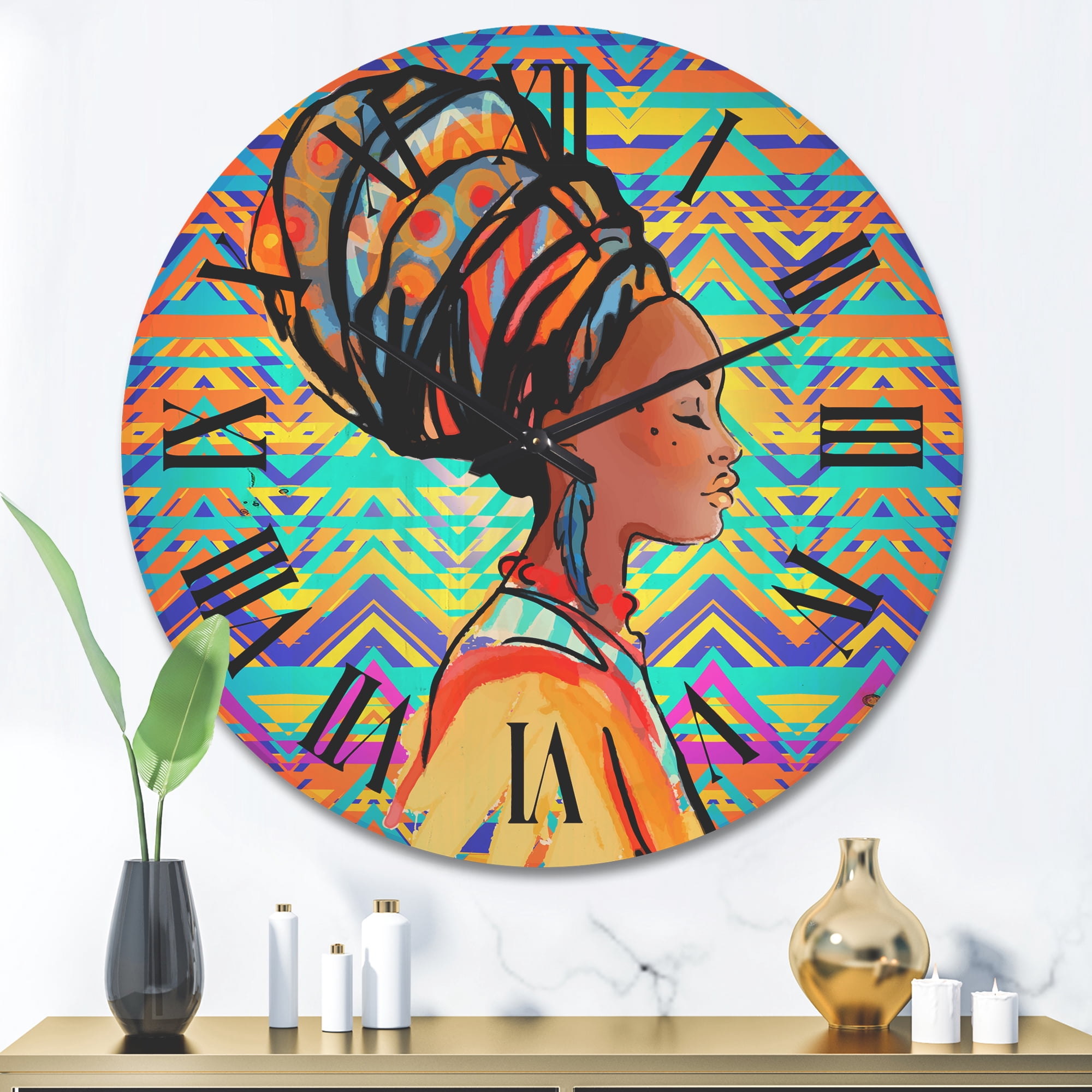 Designart 'African American Woman Portrait with Turban IV' Modern Wood Wall Clock