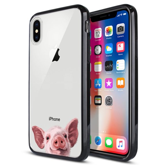 FINCIBO Slim TPU Bumper + Clear Hard Back Cover for Apple iPhone X, Baby Pig