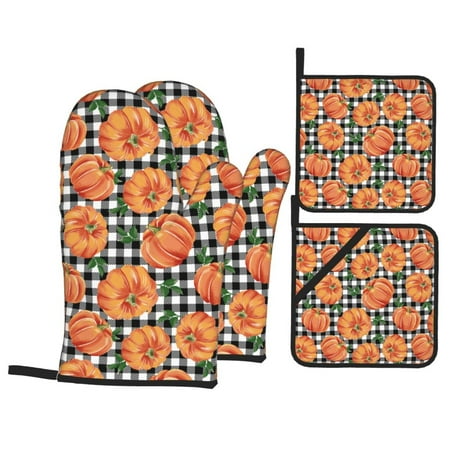 

Oven Mitts and Pot Holders 4 Piece Autumn Pumpkins Gingham High Heat Slip Resistant Oven Mitt and Trivets Set Kitchen Oven Glove Pot Holders for Cooking Baking Grilling
