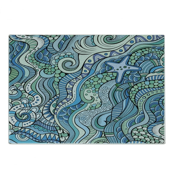 Blue Cutting Board, Underwater Wildlife Inspiration Ornamental Abstract Composition, Decorative Tempered Glass Cutting and Serving Board, Small Size, Turquoise Blue Lavender, by Ambesonne