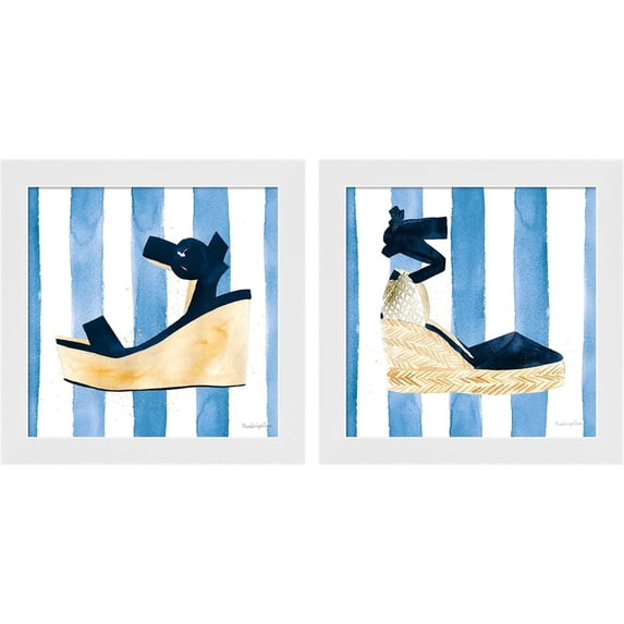 Great Art Now Beach Glam Navy on Stripes by Mercedes Lopez Charro, 2 Piece Framed Art Set Each 14"W x 14"H