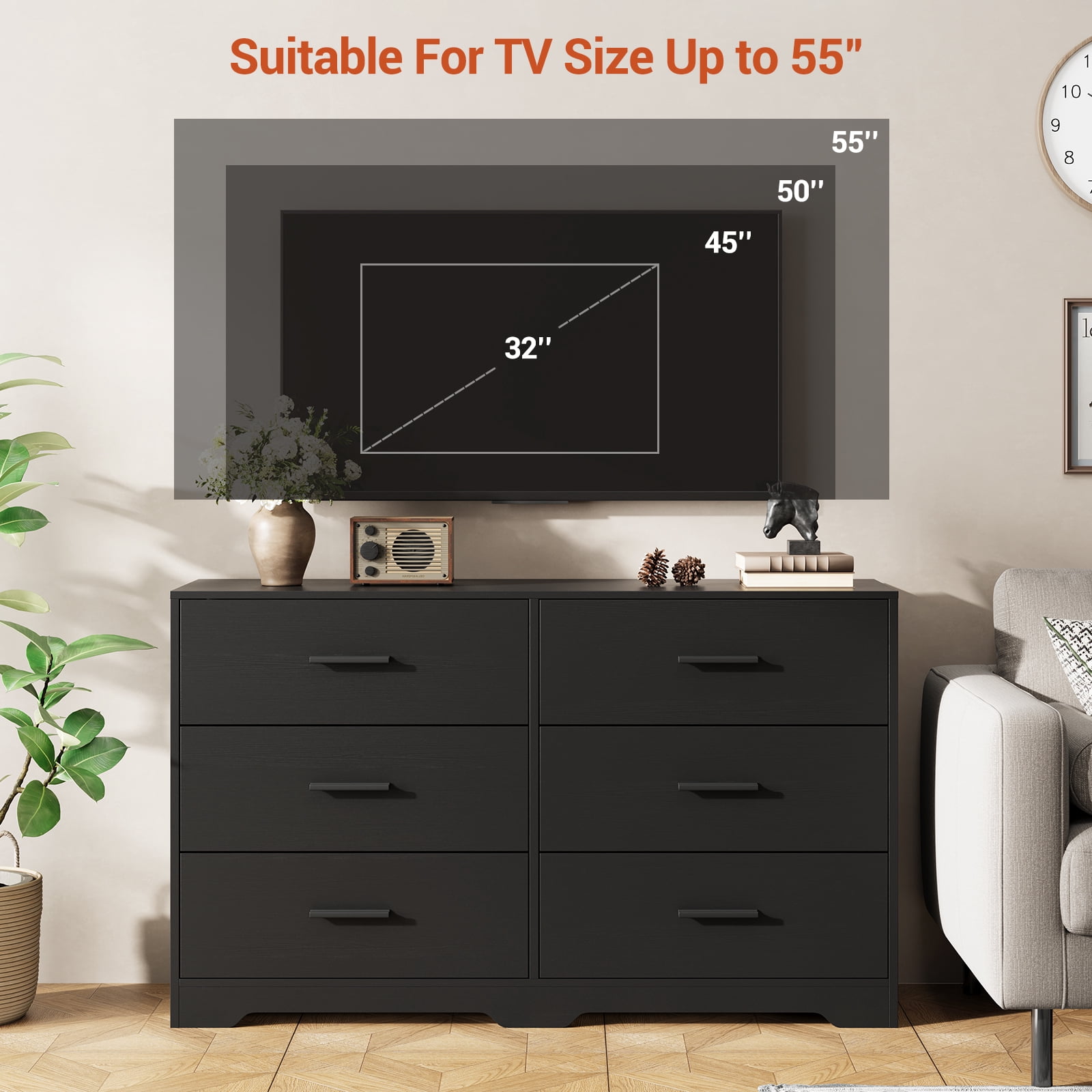 Garvee 6 Drawers Dresser, Modern Closet Dressers Chest of Drawers with Metal Handle, Wooden Dresser Organizer for Bedroom, Living Room, Hallway, Black